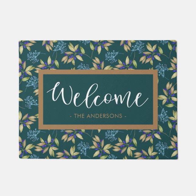 Watercolor Flower Pattern Teal Welcome Doormat (Front)