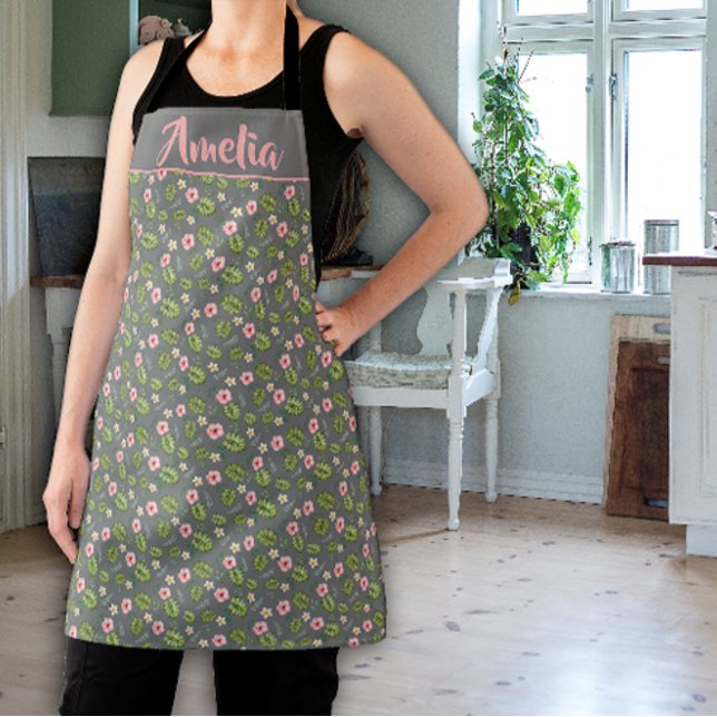 Watercolor flower pink green grey pattern  apron (Creator Uploaded)