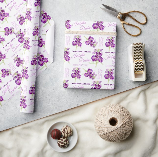 Watercolor flower purple white custom wedding wrapping paper (Crafts)