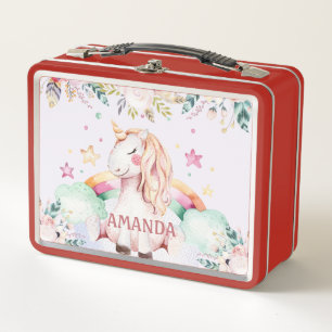 Watercolor Flower Rainbow Girls Unicorn  Metal Lunch Box