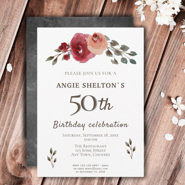 Watercolor Flower Rose Floral 50th Birthday Invitation (Creator Uploaded)