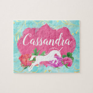 Watercolor Flower Unicorn Pink Blue Girls Name Jigsaw Puzzle