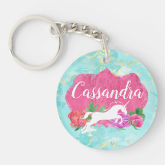Watercolor Flower Unicorn Pink Blue Girls Name Keychain
