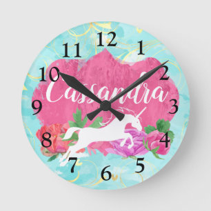 Watercolor Flower Unicorn Pink Blue Girls Name Round Clock