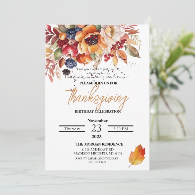 Watercolor Flower Verse Thanksgiving Birthday Invitation (Standing Front)