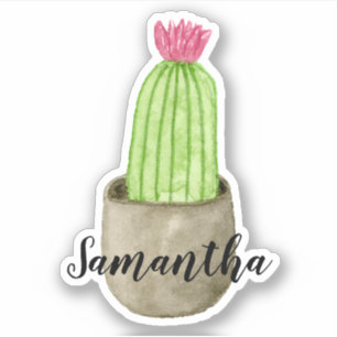 Watercolor Flowering Cactus Planter Name