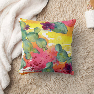Watercolor Flowering Cactus Throw Pillow Cover