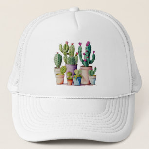 Watercolor flowering pink cactus succulents  trucker hat