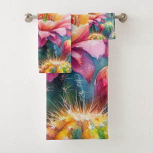 Watercolor Flowering Succulent Cacti Bath Towel Set