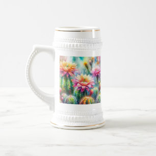 Watercolor Flowering Succulent Cacti Beer Stein