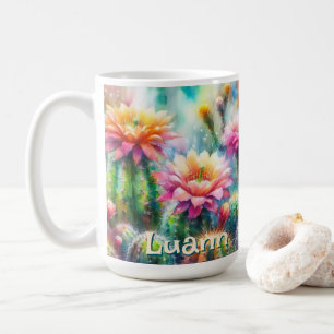 Watercolor Flowering Succulent Cacti Personalized Coffee Mug