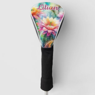 Watercolor Flowering Succulent Cacti Personalized Golf Head Cover