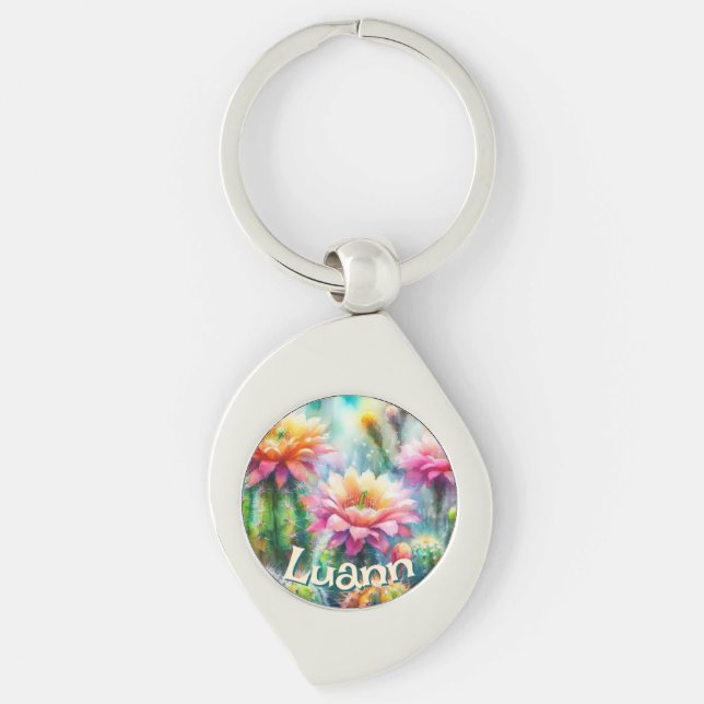Watercolor Flowering Succulent Cacti Personalized Keychain (Front)
