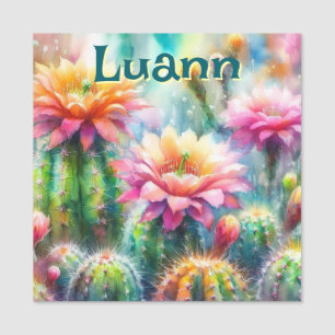 Watercolor Flowering Succulent Cacti Personalized Name Tag