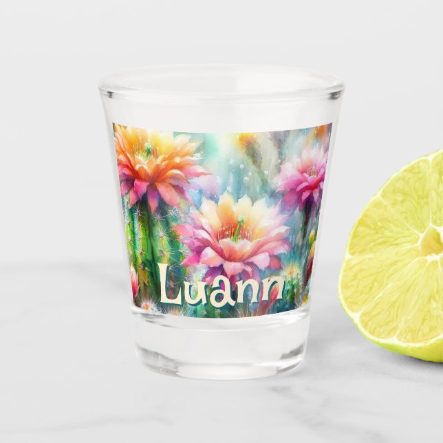 Watercolor Flowering Succulent Cacti Personalized Shot Glass (Front)