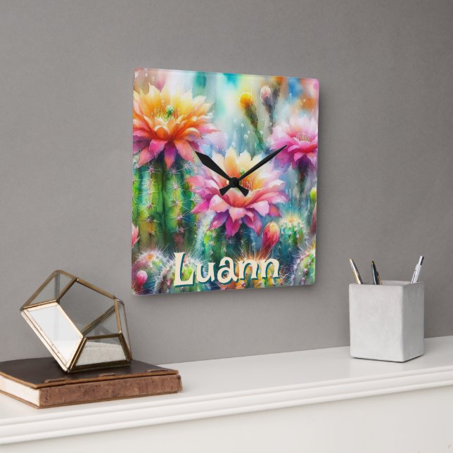 Watercolor Flowering Succulent Cacti Personalized Square Wall Clock (Office)