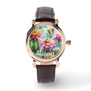 Watercolor Flowering Succulent Cacti Personalized Watch