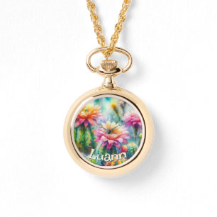 Watercolor Flowering Succulent Cacti Personalized Watch