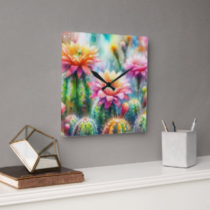 Watercolor Flowering Succulent Cacti Square Wall Clock