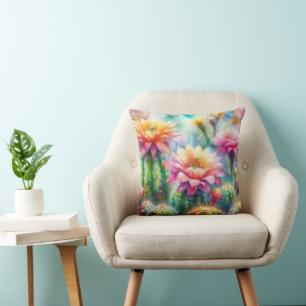 Watercolor Flowering Succulent Cacti Throw Pillow