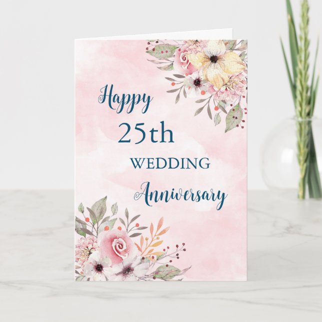 Watercolor Flowers 25th Wedding Anniversary Card (Front)