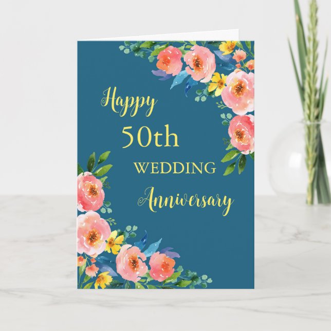 Watercolor Flowers 50th Wedding Anniversary Card (Front)