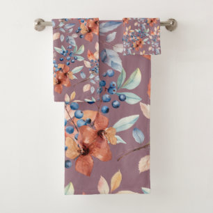 Watercolor Flowers and Berries on Mauve Bath Towel Set