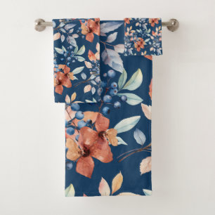 Watercolor Flowers and Berries on Navy Blue Bath Towel Set