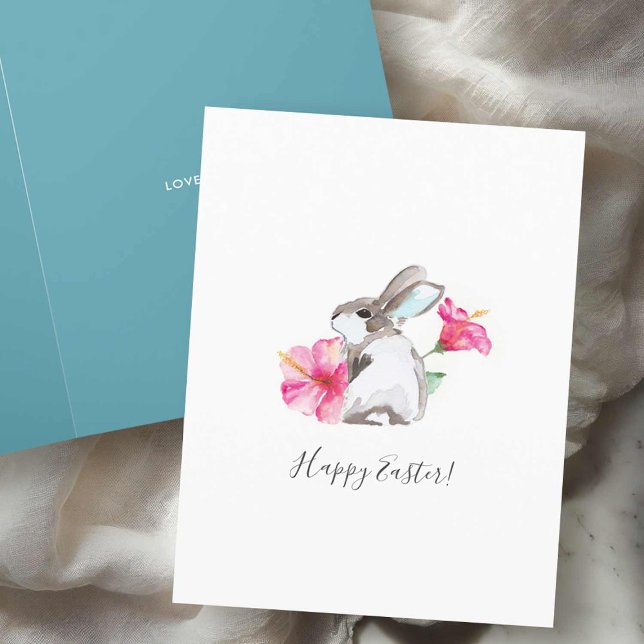 Watercolor Flowers and Bunny Easter Cards (Easter cards watercolor bunny with pink hibiscus flowers by Victoria Grigaliunas of Do Tell A Belle)