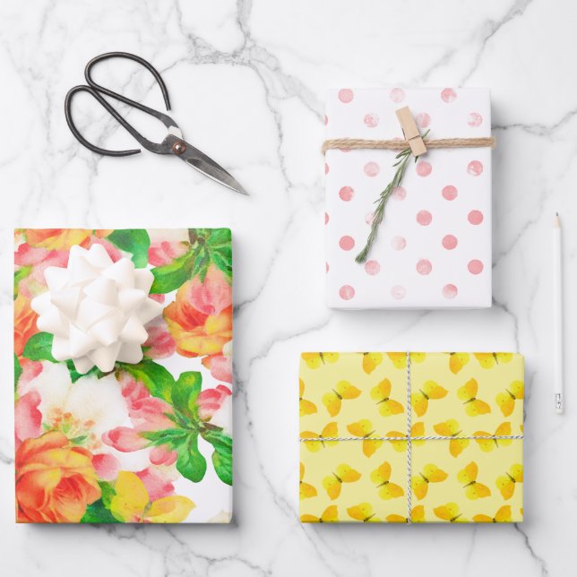 Watercolor Flowers and Butterflies Wrapping Paper Sheet (Front)