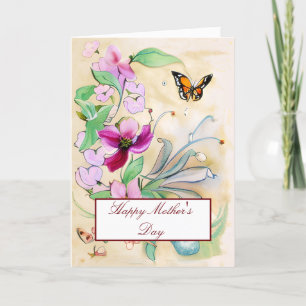 Watercolor  flowers and butterfly Mother's day Holiday Card