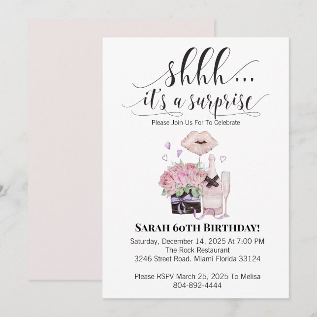 Watercolor Flowers and Champagne Surprise Birthday Invitation (Front/Back)