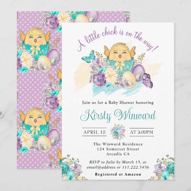 Watercolor Flowers and Cute Chick Baby Shower Invitation (Front/Back)