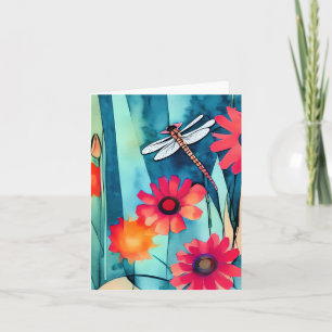 Watercolor flowers and dragonfly customizable card