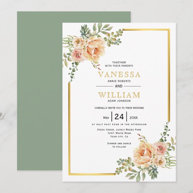 Watercolor flowers and gold frame floral wedding invitation (Front/Back)