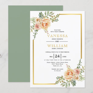 Watercolor flowers and gold frame floral wedding invitation