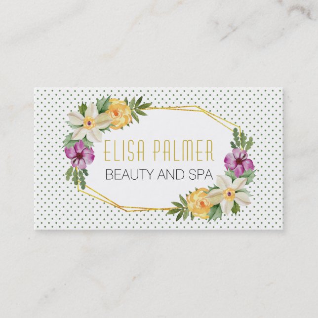 Watercolor flowers and gold polygon floral business card (Front)