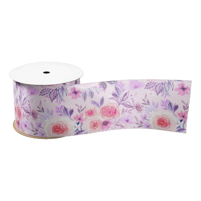 Watercolor flowers and leaves 3 satin ribbon (Spool)