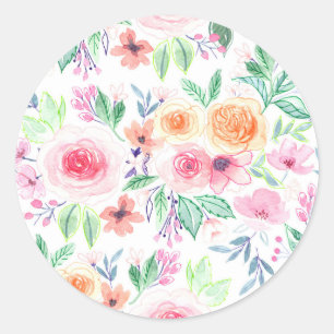 Watercolor flowers and leaves classic round sticker
