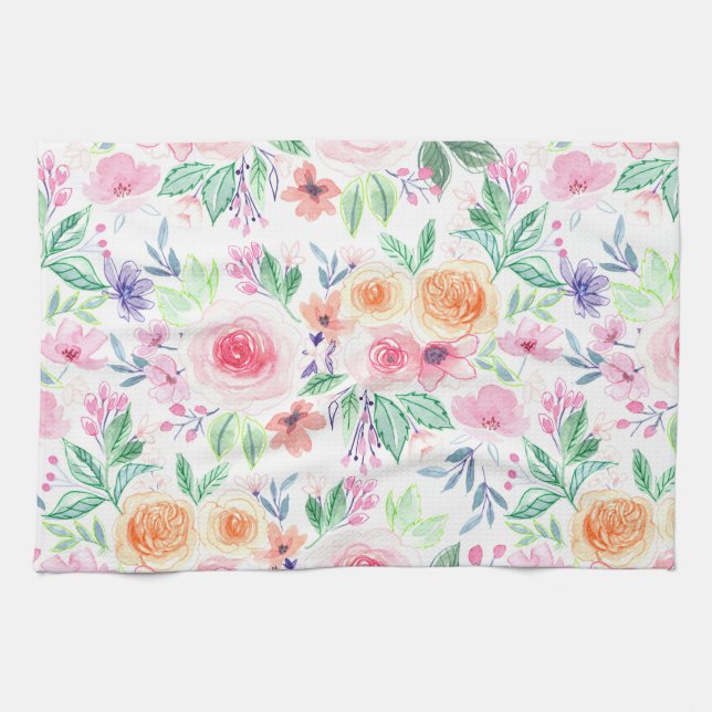 Watercolor flowers and leaves kitchen towel (Horizontal)