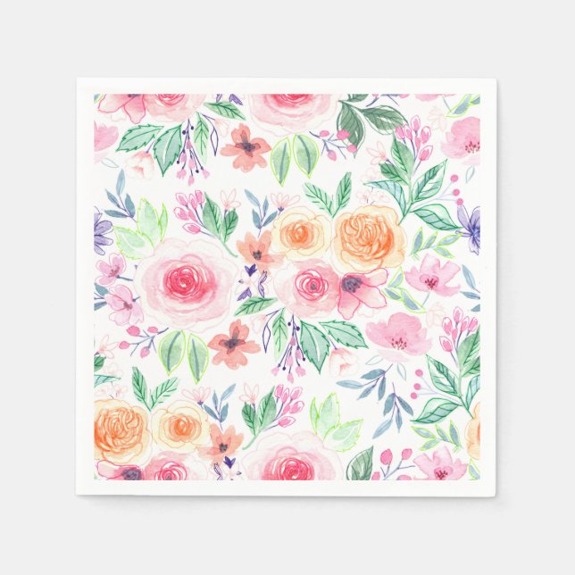 Watercolor flowers and leaves napkin (Front)