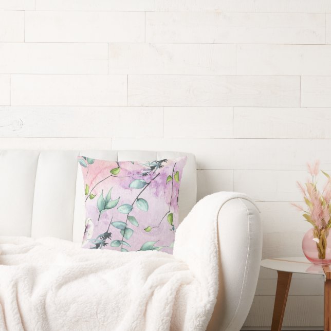 Watercolor flowers and leaves. throw pillow (Couch)
