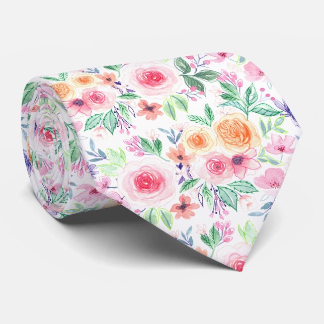 Watercolor flowers and leaves tie (Rolled)