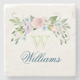 Watercolor Flowers and Monogram Stone Coaster