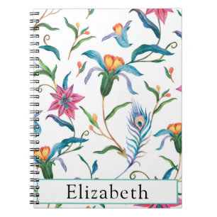 Watercolor Flowers and Peacock Feathers Monogram Notebook