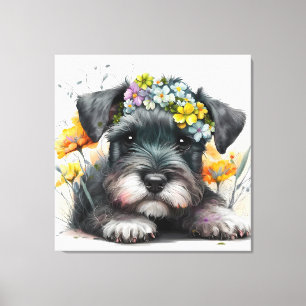 Watercolor Flowers and Schnauzer Puppy Canvas Print