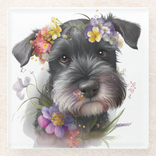 Watercolor Flowers and Schnauzer Puppy Glass Coaster