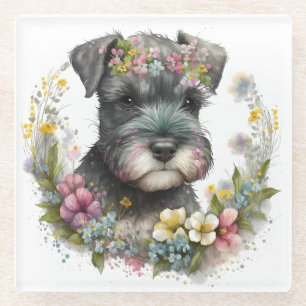 Watercolor Flowers and Schnauzer Puppy Glass Coaster