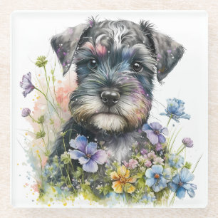 Watercolor Flowers and Schnauzer Puppy Glass Coaster