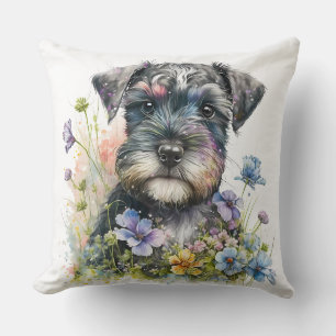 Watercolor Flowers and Schnauzer Puppy Throw Pillow